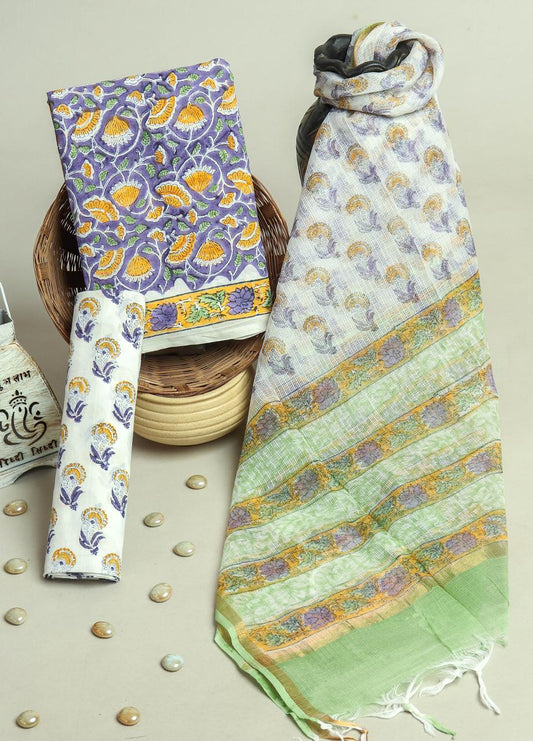 Pure Cotton Hand Block Printed Suit Set With Kota Doria Dupatta