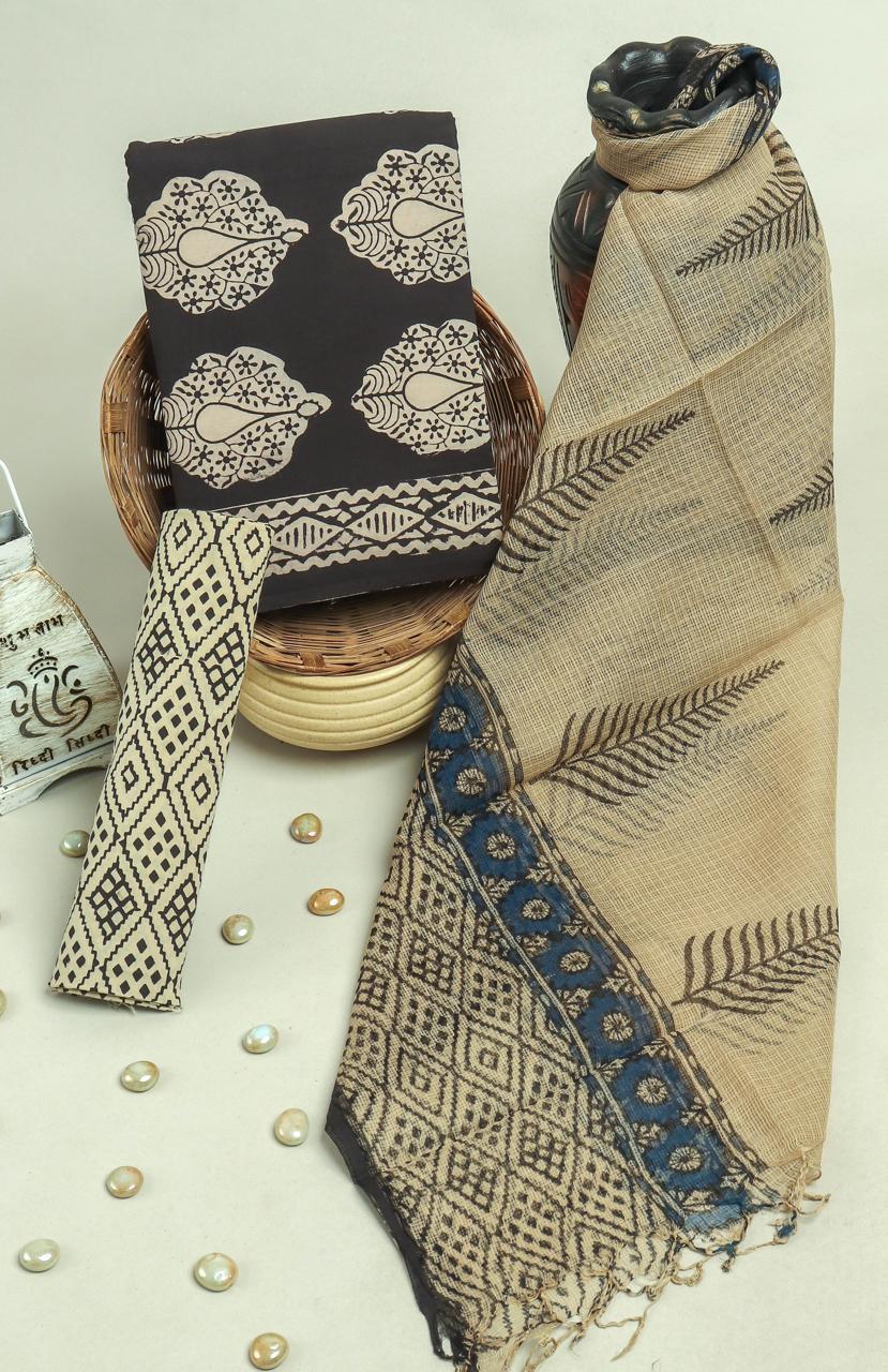 Pure Cotton Hand Block Printed Suit Set With Kota Doria Dupatta