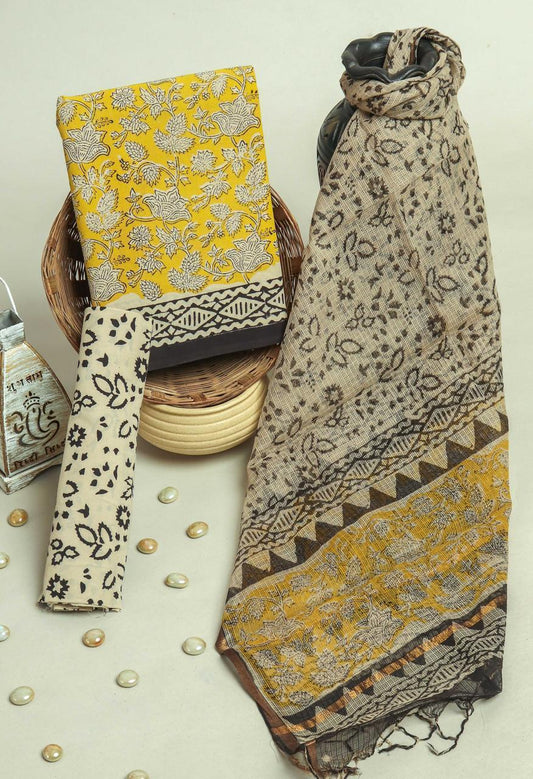 Pure Cotton Hand Block Printed Suit Set With Kota Doria Dupatta