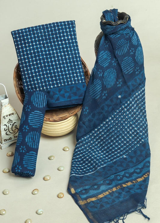 Pure Cotton Hand Block Printed Suit Set With Kota Doria Dupatta
